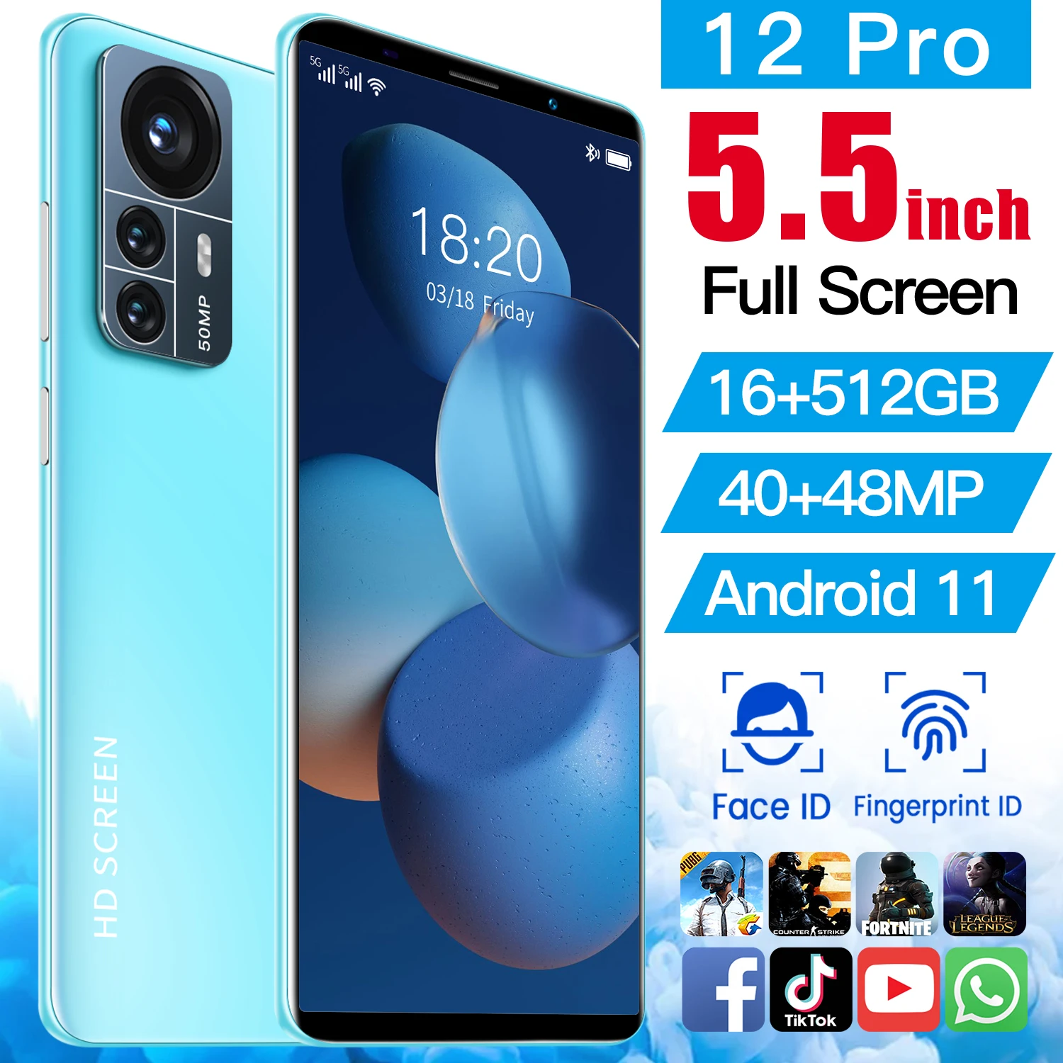 

2022 New 12 Pro 5.5 Inch 256GB/512GB Face Fingerprint Unlock Andirod 11 Smartphone MTK6889 Deca Core 40+48MP 5800mAh Cell Phone