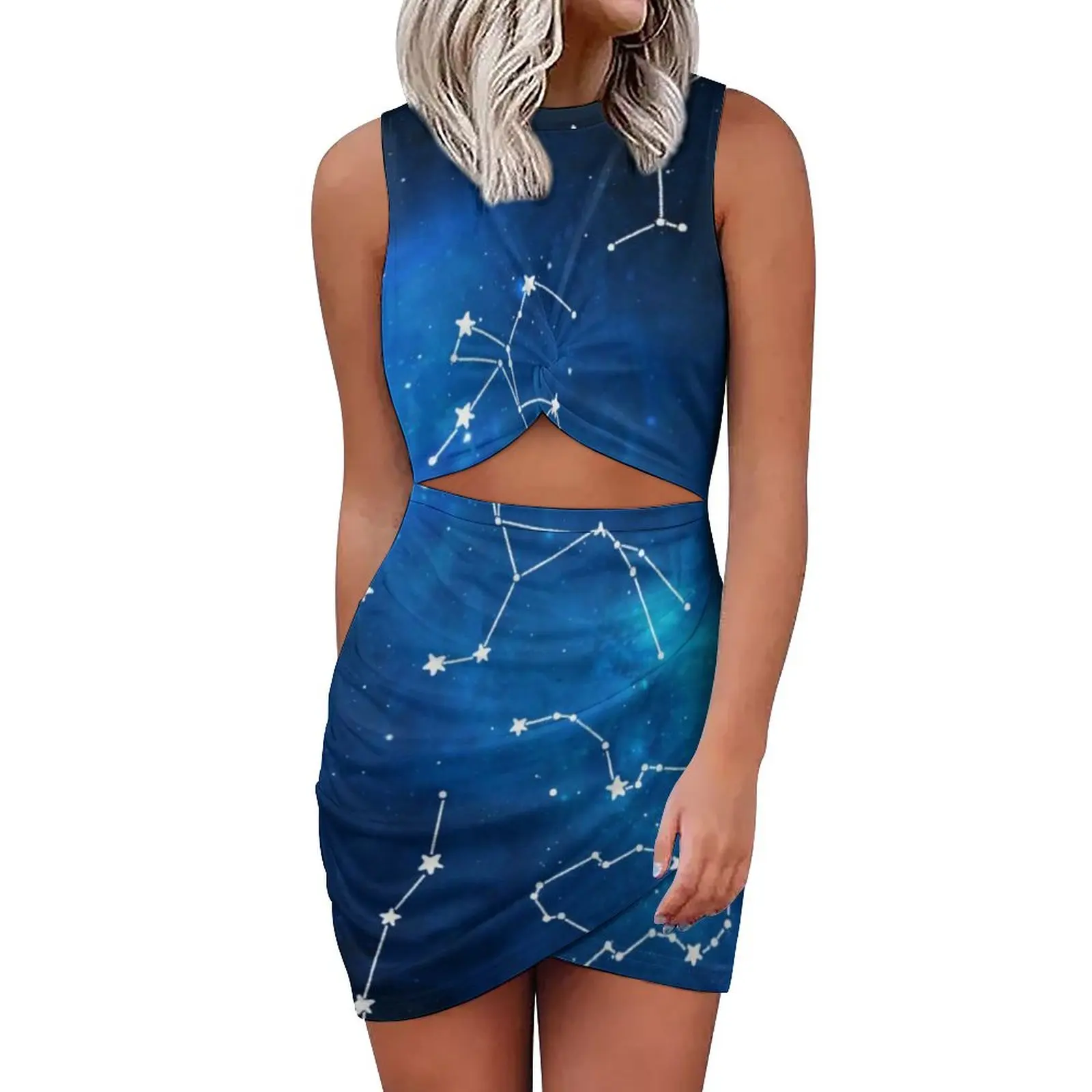

Женское платье с изображением голубого галактического неба, созвездий, астрономической эстетики, облегающее платье, ажурные кавайные плат...