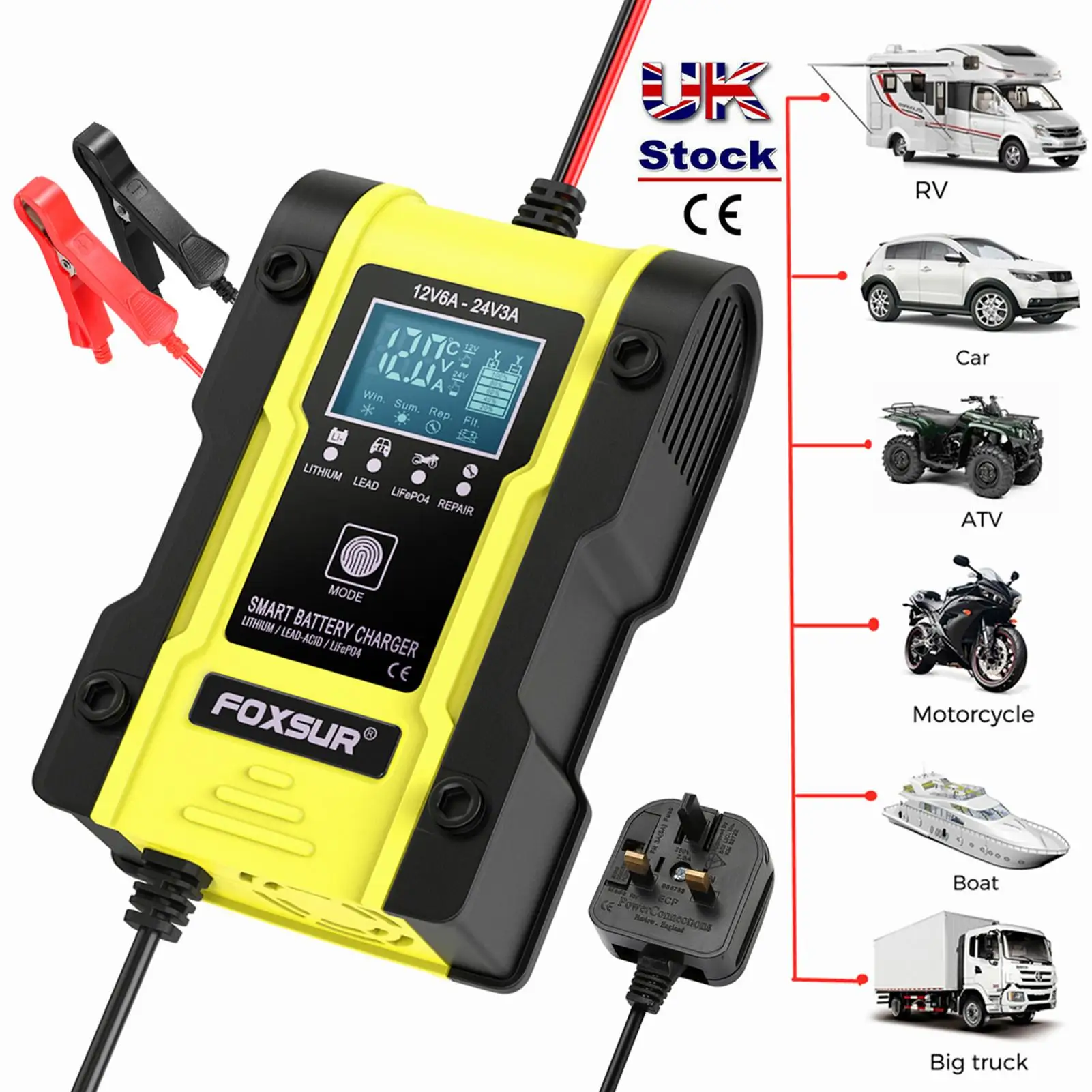 

Yellow Professional 12.6v Motorcycle Car Lithium 12v 24v Battery Charger UK
