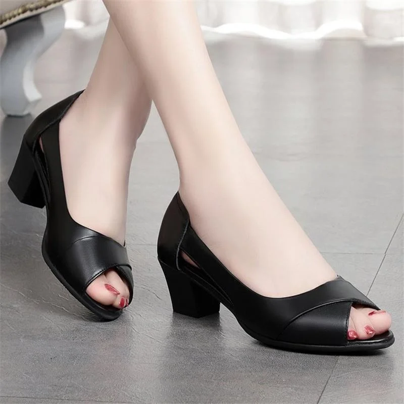 

Shoes Leather Women Comfortable Ankle Strap Wedge Shoes Leather Mid Heel Square Toe Sandalias Female Shoes