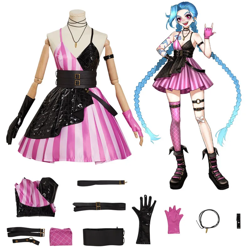 

LoL Jinx Cosplay Costume Goth Lolita Dress Outfits Halloween Carnival Party Suit For Girls Women