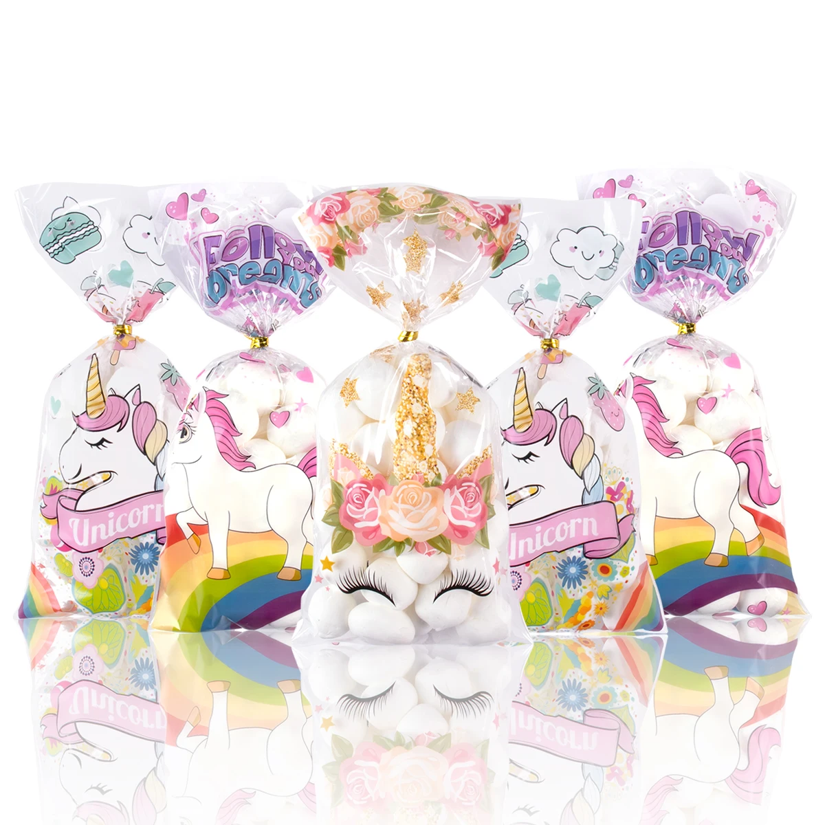 

50pcs Rainbow Unicorn Gift Bag Unicorn Theme Birthday Party Decoration Plastic Cookie Candy Bag Kids baby Shower Party Supplies