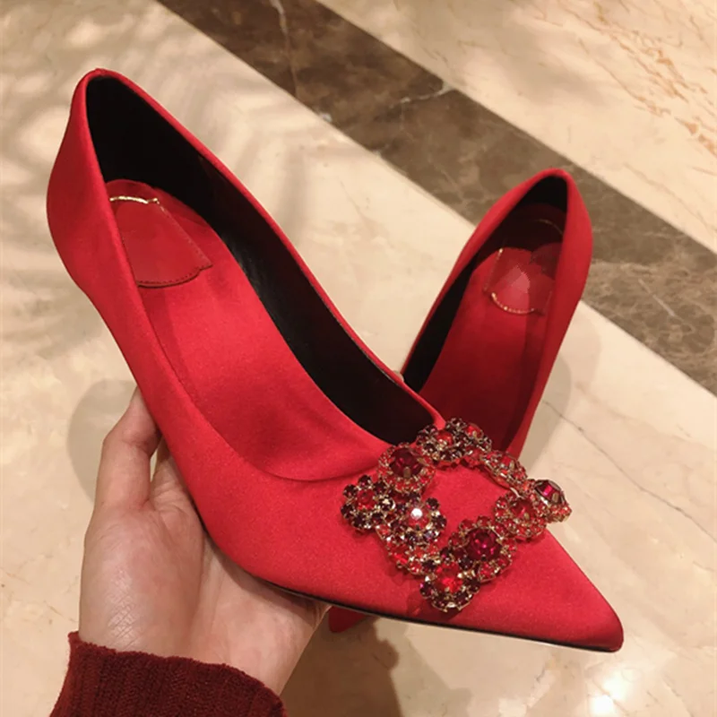 2023 European and American ladies new pointed high heels rhinestone crystal square buckle wedding shoes