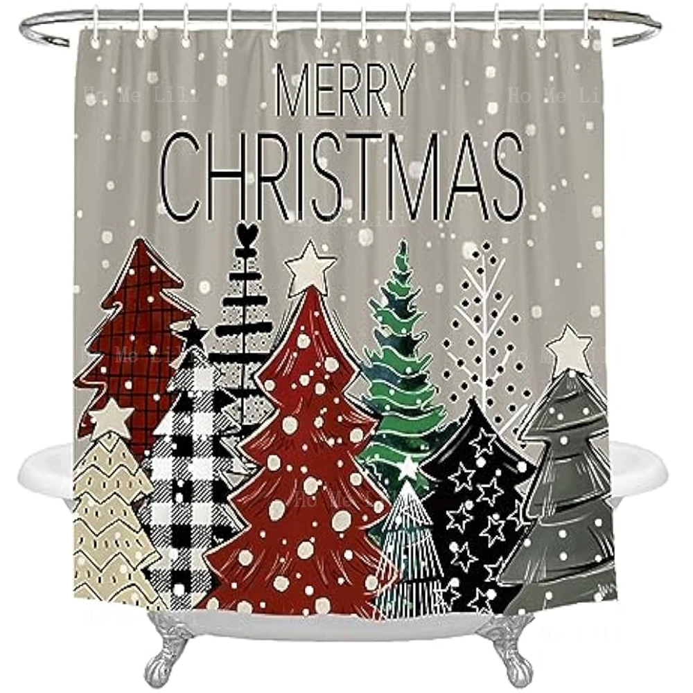 

Merry Christmas Xmas Trees Fresh Buffalo Check Plaid Snowy Forest Farmhouse Holiday Shower Curtain