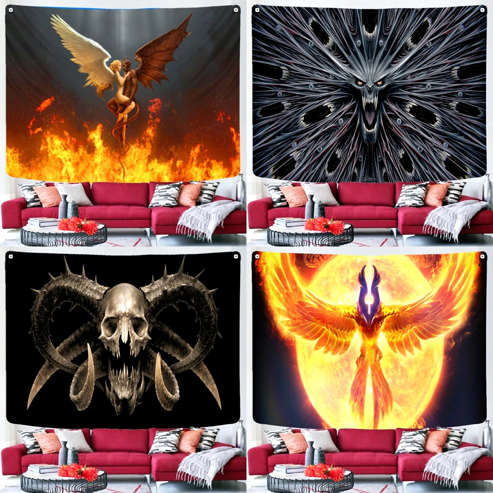 

Skull Psychedelic Halloween Decoration Dorm Angel Devil Tapestry Anime Hell Wall Hanging Witchcraft Tapestry