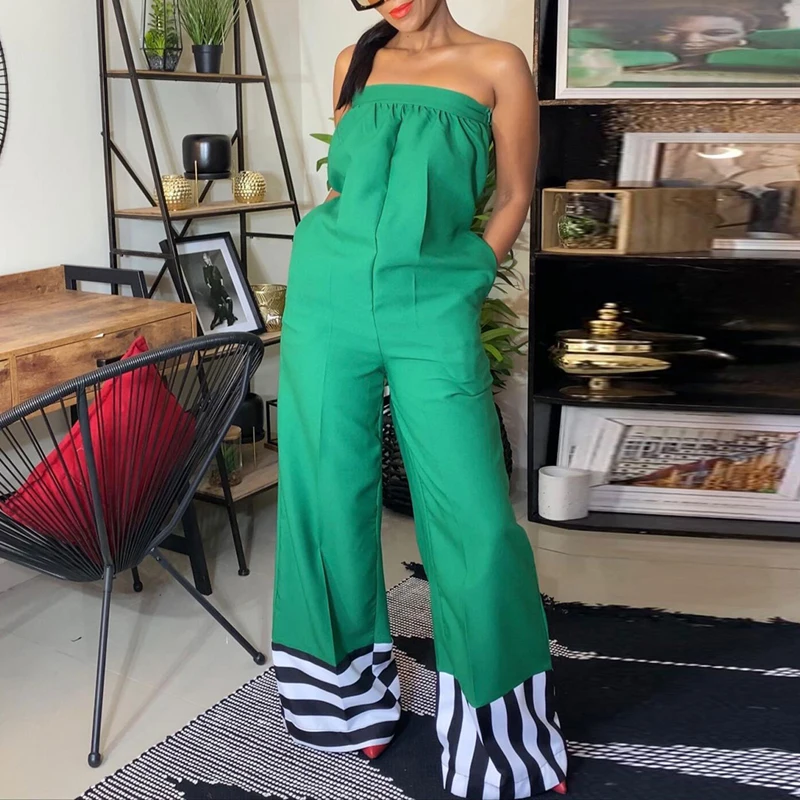 

Summer Sexy Strapless Striped Patchwork Jumpsuit Women Off Shoulder High Waisted Straight Playsuits Casual Pocket Party Rompers