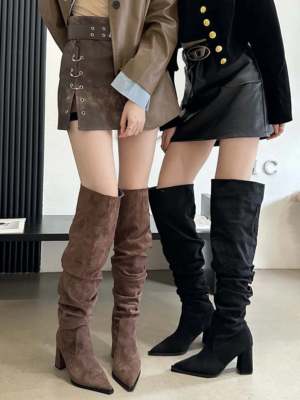 

Fashion Women Over The Knee Boots Pointed Toe Shallow Slip On Thick High Heels Chelsea Boots Woman Flock Black Brown Size 35-39