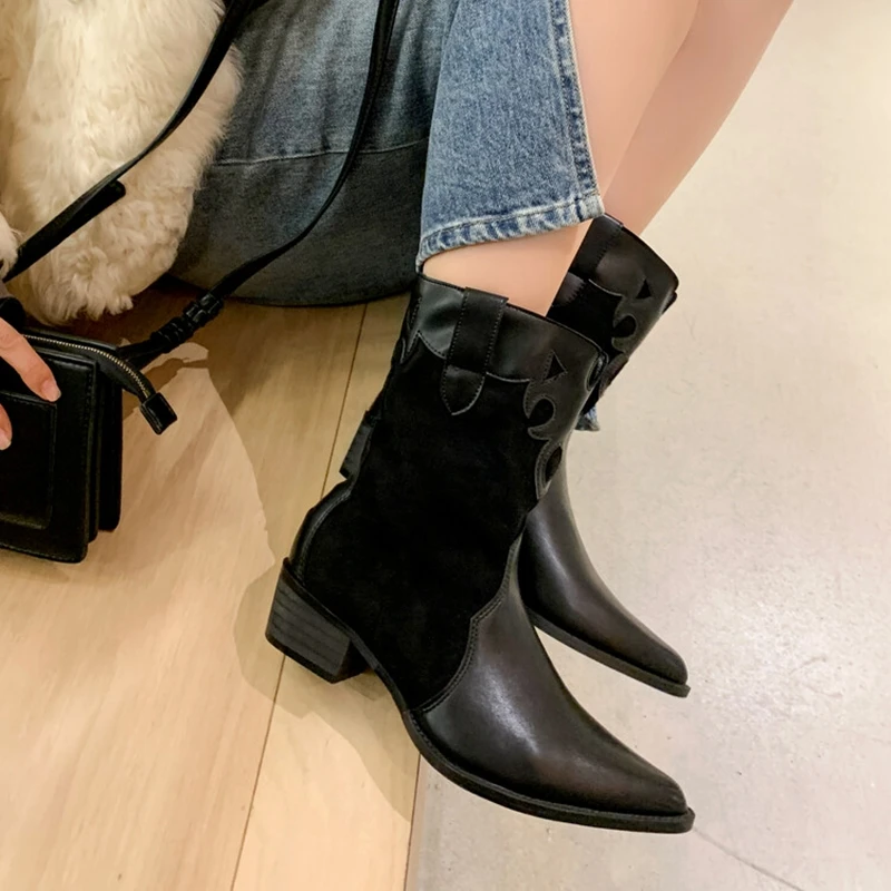 

NEW Autumn Women Boots Pointed Toe Chunky Heel Shoes Women Casual Split Leather Black Shoes for Women Western Boots Cowboy Boots