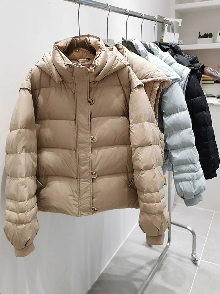 Winter Female Detachable Sleeve Puffer Jacket Casual Loose Hooded Button Zipper Coat Women White Duck Down Outwear