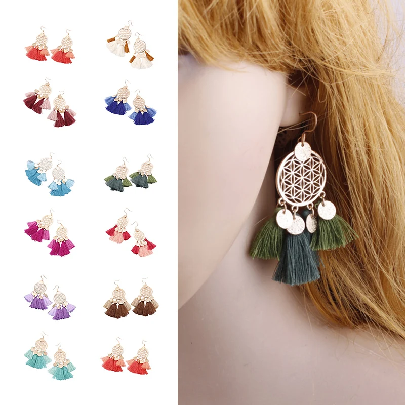 

1 Pair Bohemian Tassel Drop Earrings Round Sequins Dangle Earrings Jewelry for Women