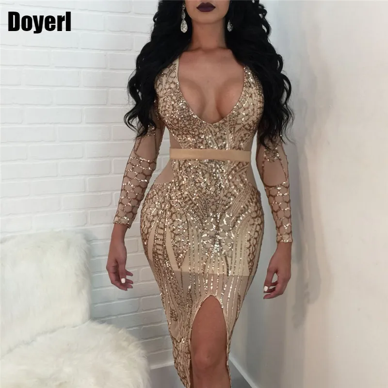 

Sexy Sheer Glitter Sequin Party Dresses Women Long Sleeve Plunge V Neck Front Split See Through Sparkly Bodycon Dress Clubwear