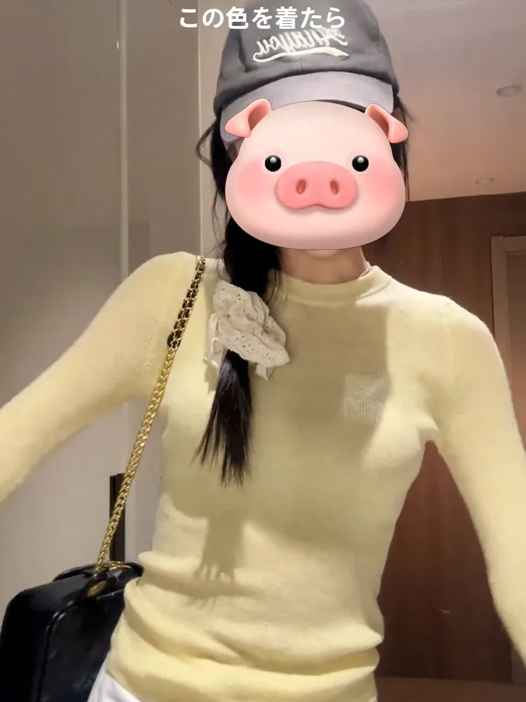 Желто-белый мягкий клейкий вязаный топ с круглым вырезом для женщин ранняя осень