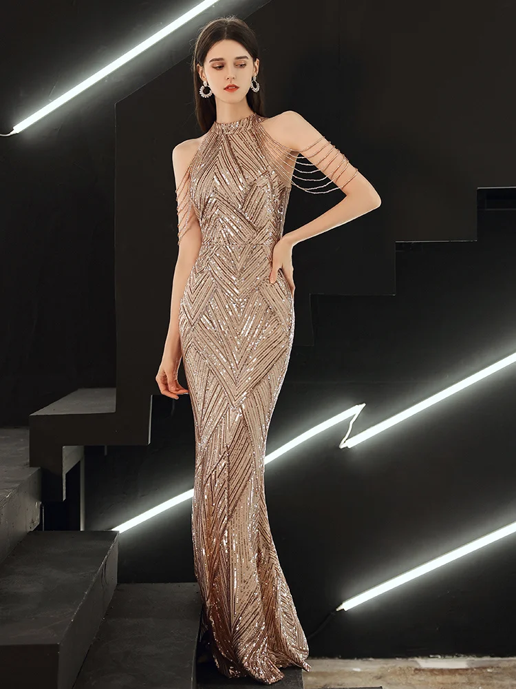 

Женское длинное вечернее платье, роскошное золотистое платье-Русалка с кисточками и открытыми плечами в стиле Звезд, для проведения банкетов, 2023