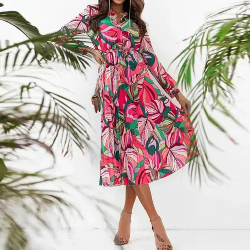 

Mandylandy Women Elegant Autumn Leaf Print Bohemian Dress Fashion Female Y2K Ins Long Sleeve Turn Down Collar Vacation Dress