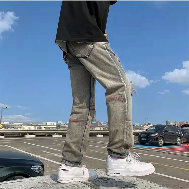 High Street Patch Fog Hole Jeans New Trendy Brand Design Sense NiChe Pants Fried Street Pants Men's Zipper Jeans For Men