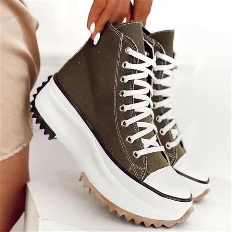 2023 New Thick Sole Mid Heel Women's Shoe Gear Train Mid Top Large Casual Canvas Shoes Breathable and Comfortable