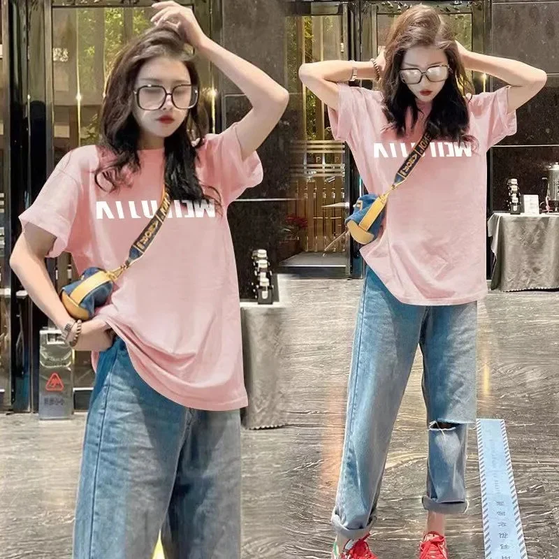 Очень большая 50 00 кг полная девушка с круглым вырезом буквенным принтом Футболка