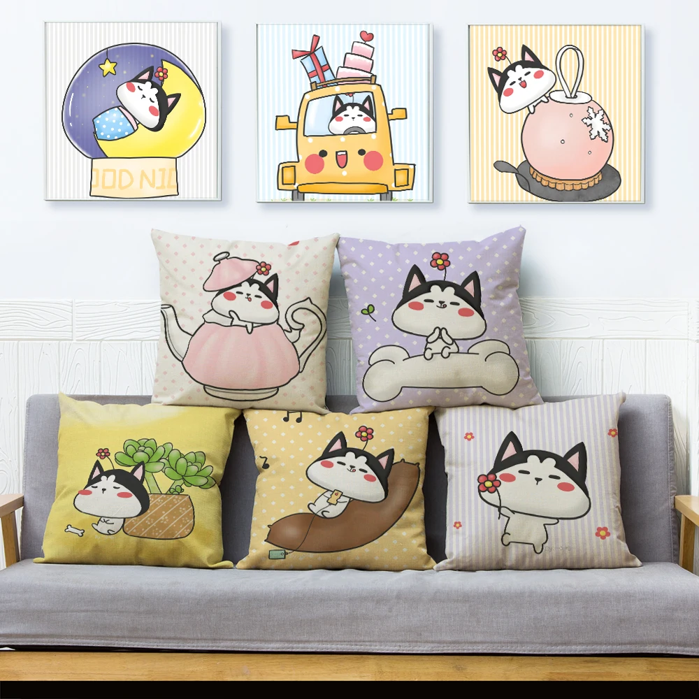 

45*45cm Pillowcase Sofa Home Car Decoration Pet Animal Pillowcase Cute Cartoon Color Dog Husky Print Cushion Cover