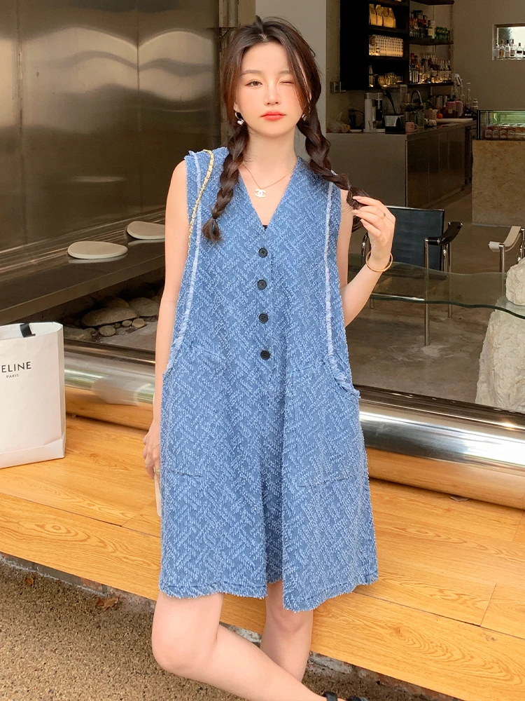 Джинсовый жаккардовый комбинезон без рукавов с V-образным вырезом женская