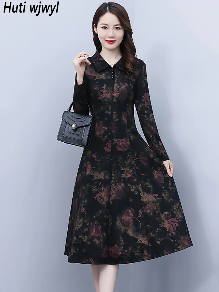 

Autumn Floral Long Sleeve Elegant Women Midi Dress Winter Velvet Thick Warm Dress 2022 Korean Vintage Bodycon Party Night Dress