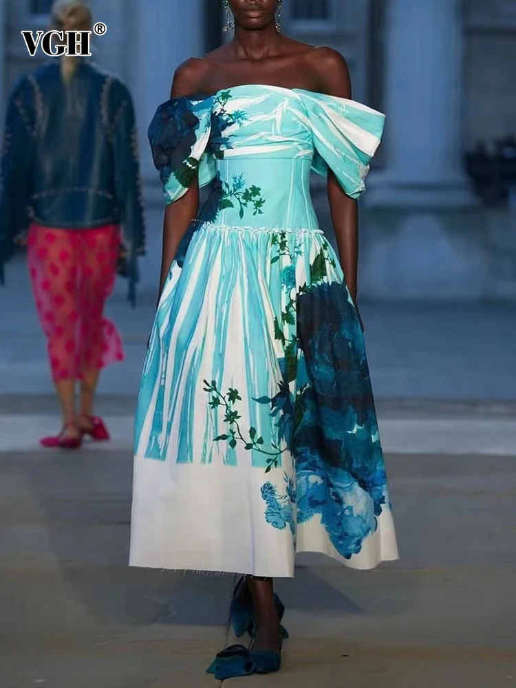 

VGH Colorblock Floral Printing Elegant Dresses For Women Slash Neck Short Sleeve High Waist Backless Temperament Dress Female