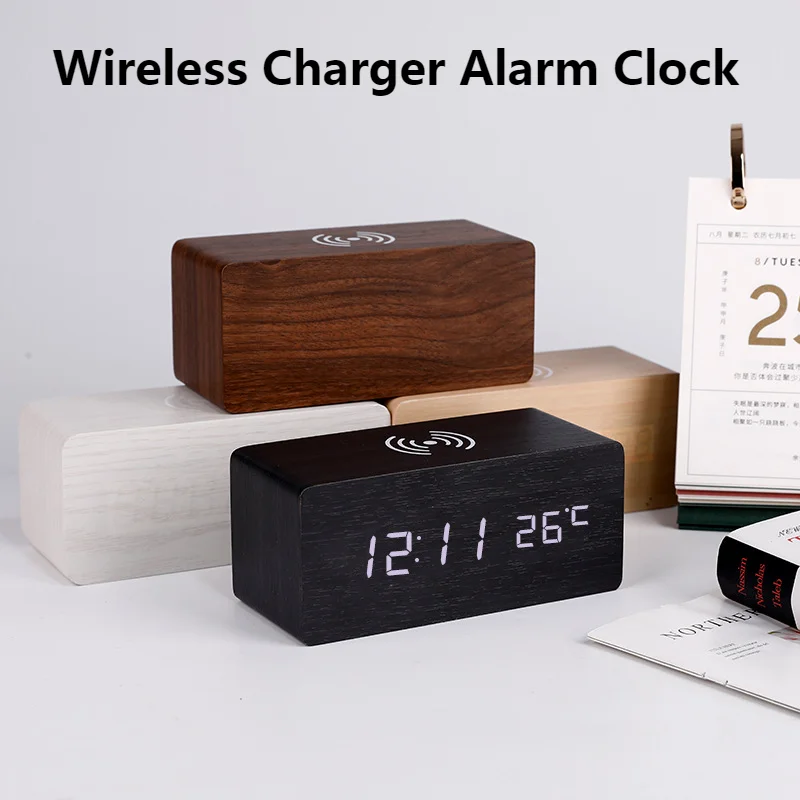 

Wooden Alarm Clock Fast Wireless Charging For Phone Sound Voice Control Digital Wood Led Digital Clock Desktop Table Decor