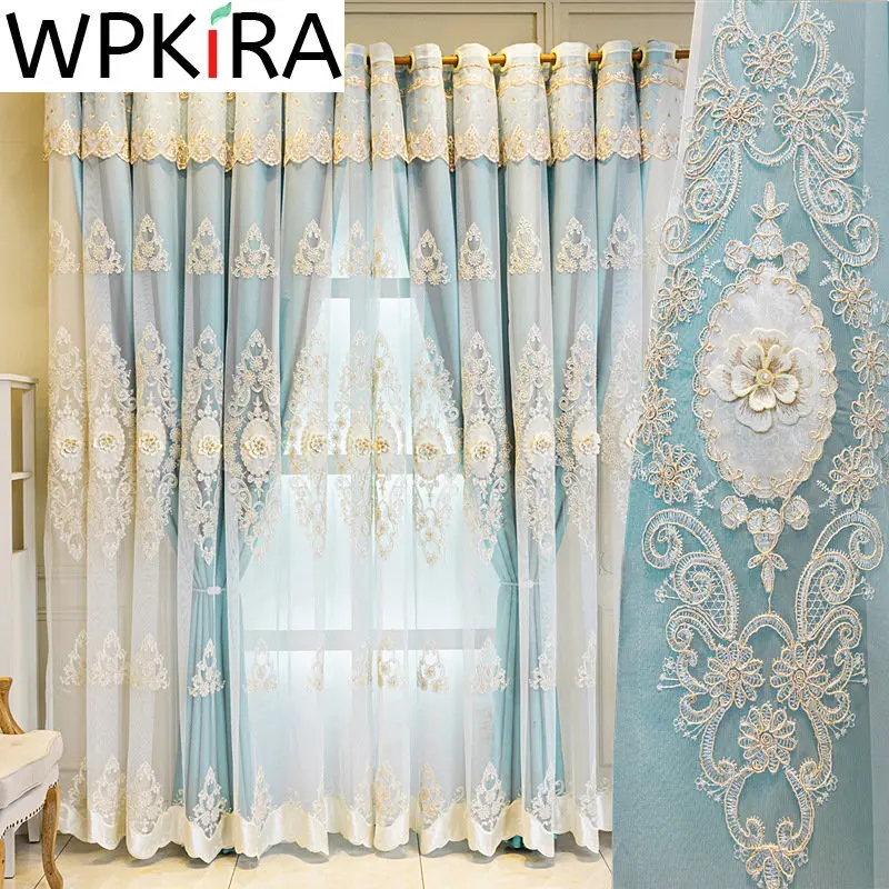 

Luxurious Romantic Double Layer Window Drapes in Bedroom Ready Made Embossed Embroidery Sheer Curtain Bottom Velvet Lacework