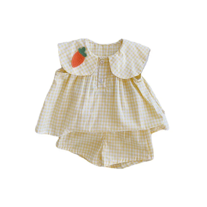 

Summer Children's Clothing Cute Baby Girl Clothes Cotton Kids Plaid Sleeveless Tops Shorts Two Piece Set Outing Infant Sets