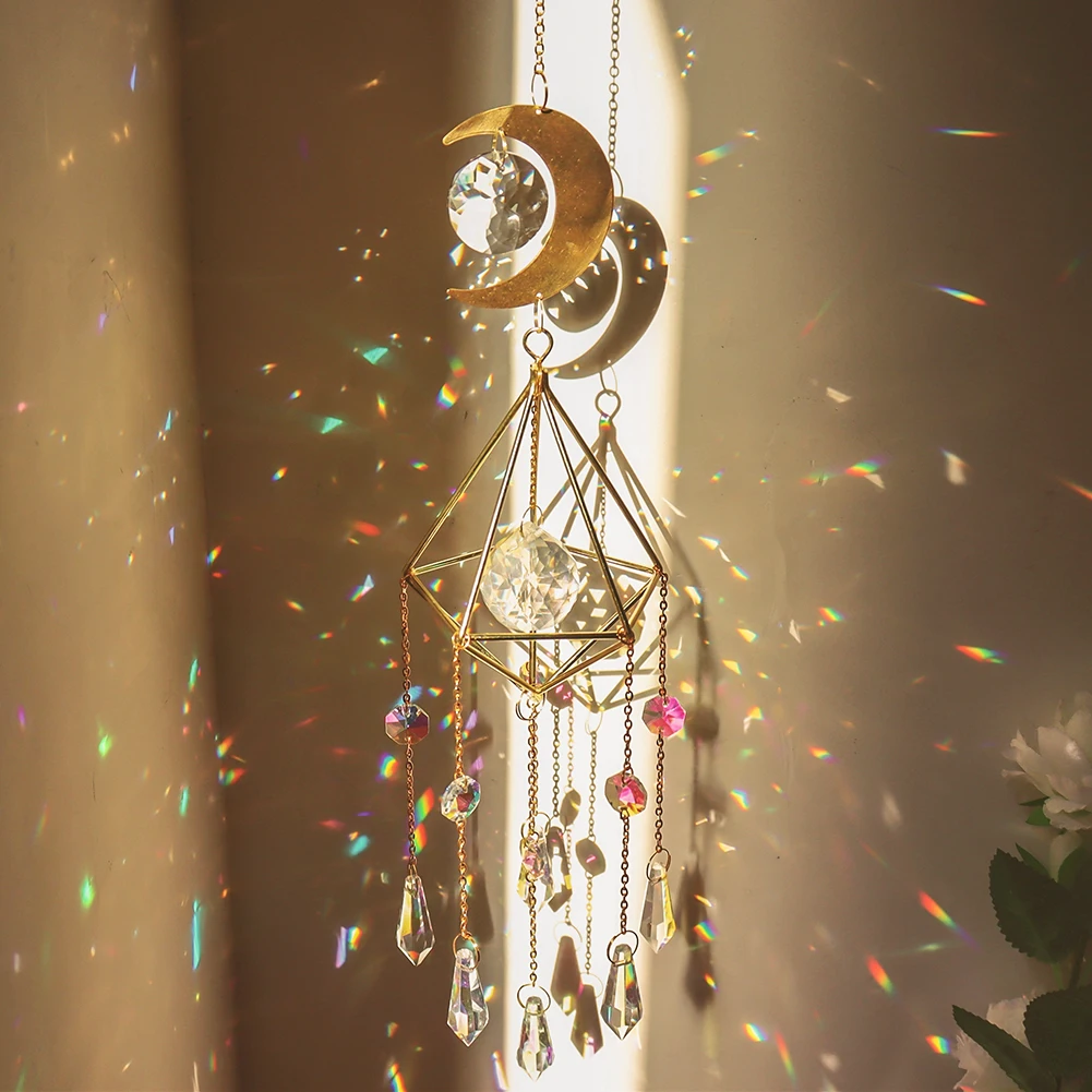 Crystal Wind Chimes Hanging Sun Catcher Crystal Moon Catcher Pendant  Rainbow Prism Stained Glass Ornament for Home Garden Decor