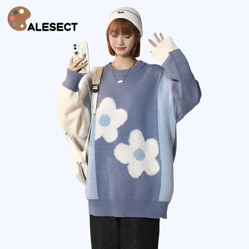 

CALESECT Aesthetic Flower Knitted Sweater Women 2022 Winter Loose Pullover Girl Floral Clothes Streetwear Oversized Jumper
