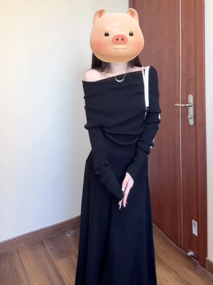 Hepburn Sle черное темпераментное платье с открытыми плечами женское 2024 новый