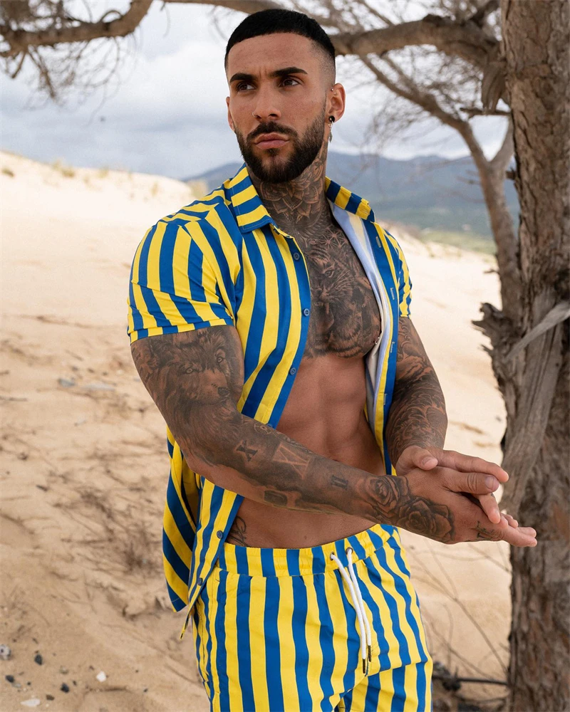 2022 summer new men's shirts 3D digital printing thin section quick-drying casual tops fashion striped beach casual wear