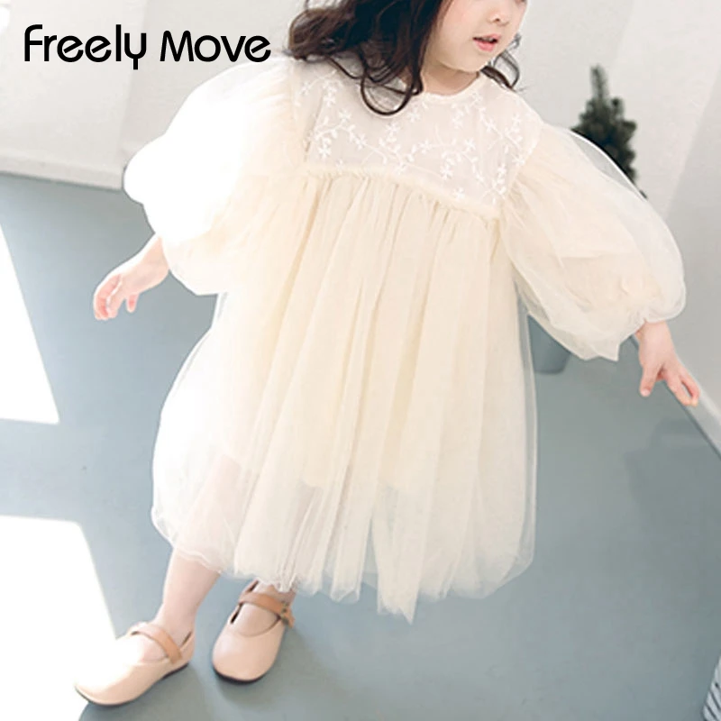 

Freely Move Girls Dress Summer 2022 O Neck Seventh Sleeve Lace Tulle A Line Midi Costume For Girls Fashion Children Clothes Girl