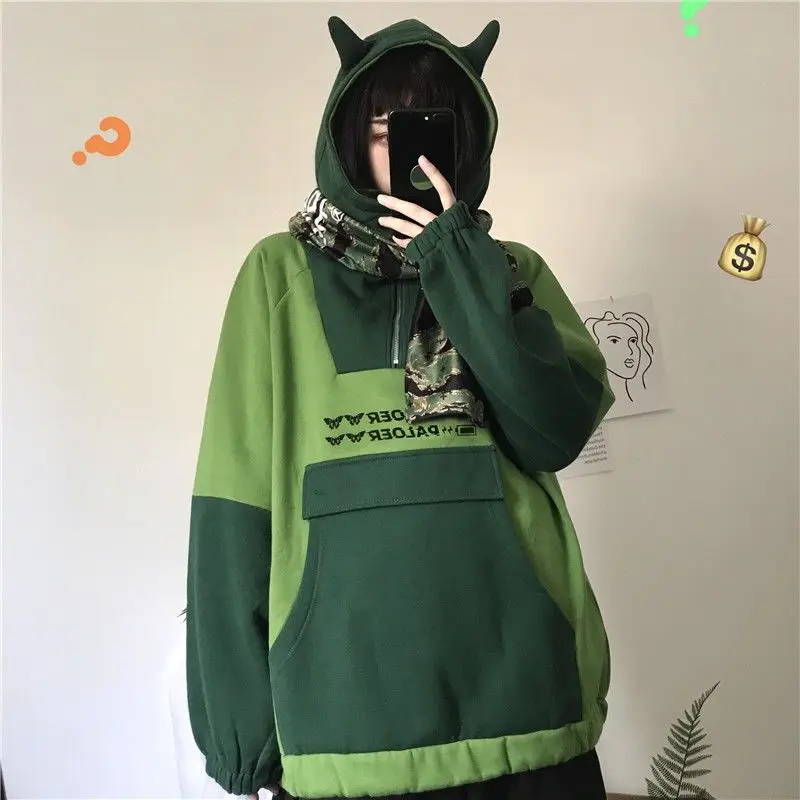 

2021 Fashion Funny Patchwork Print Pullover Anime Hoodies Women Kawaii Sweatshirt Korean Long Sleeve Cute Female Jumper Clothes