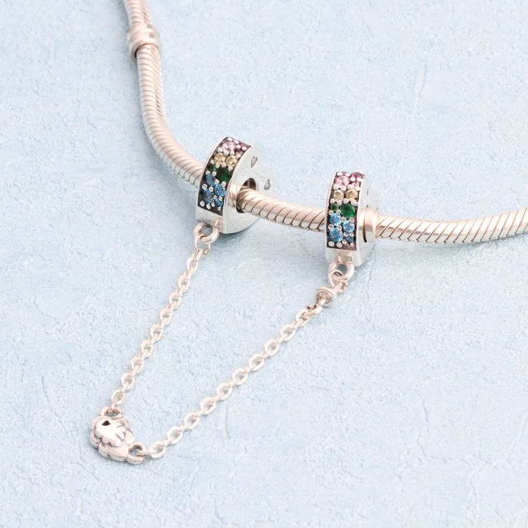 

Hot Sale 100% 925 Sterling Silver Fashion colorful love arc rainbow safety chain Charms Fit Bracelet DIY Bead for Jewelry Making
