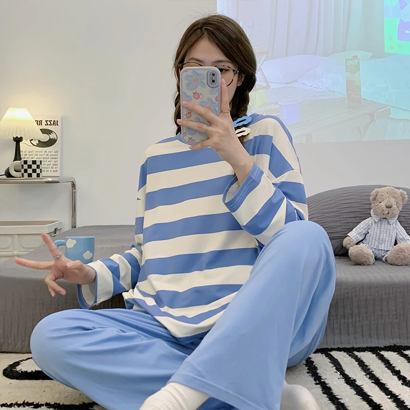 CAIYIER 2023 Soft Sleepwear Sweet Stripe Pajamas Set Long Sleeve Long Pants Kawaii Nightwear Winter Leisure Girl Pijamas mujur