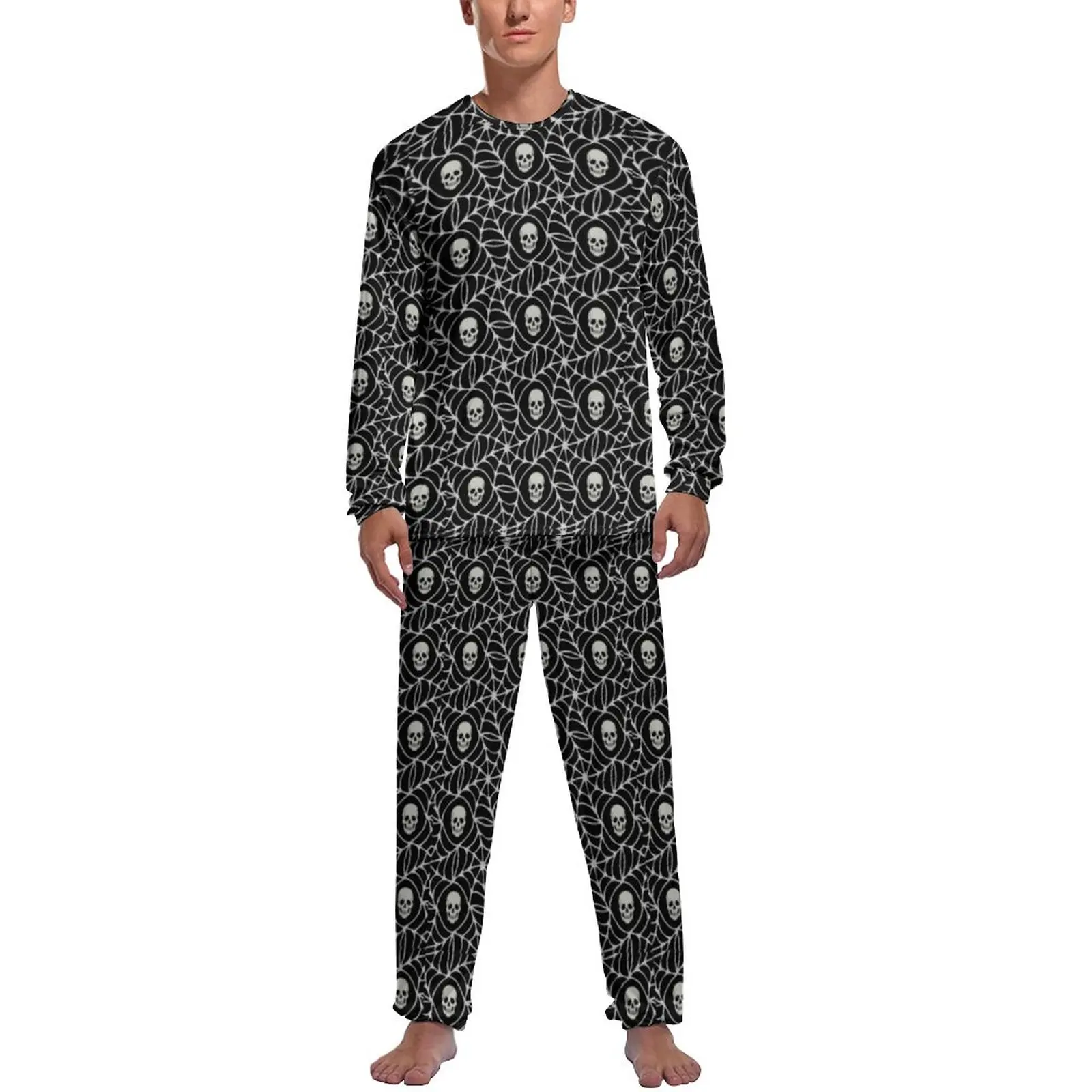 Funny Skull Pajamas Spiderskins Print Mens Long Sleeves Romantic Pajamas Set 2 Pieces Casual Spring Graphic Home Suit Gift Idea