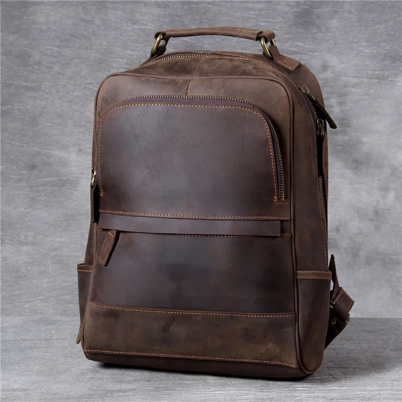 Vintage crazy horse cowhide men large computer backpack high quality luxury natural genuine leather outdoor daily travel bagpack