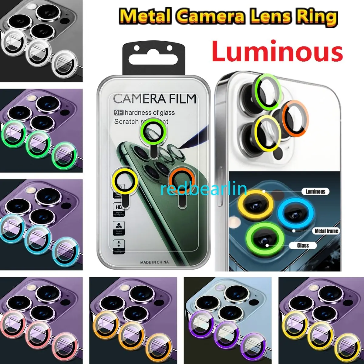 100pcs Luminous Camera Lens Protector For iPhone 12 11 13 14 Pro Max Camera lens Screen Protectors Tempered Glass Cover Sticker