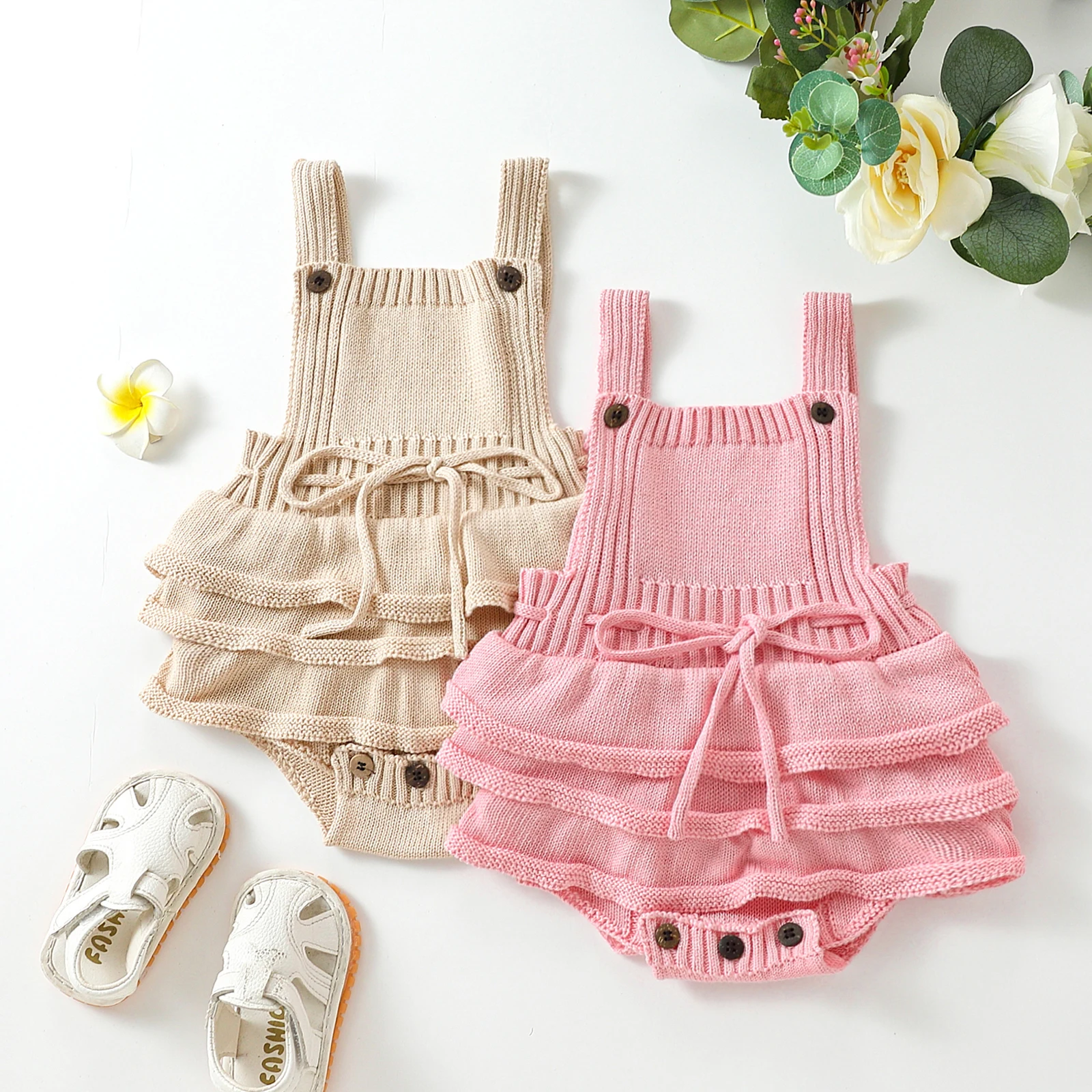 

Bmnmsl Toddler Baby Girls Knitted Button Jumpsuit Solid Color Drawstring Casual Sleeveless Suspender Romper Dress