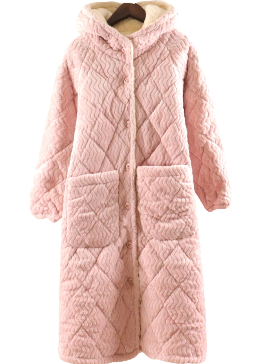 Зимняя ночная рубашка женский халат однотонный длинный трехслойный утолщенный