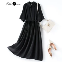 silk dress womens short sleeve black thin medium long large swing skirt mulberry silk baby skirt temperament small black dress