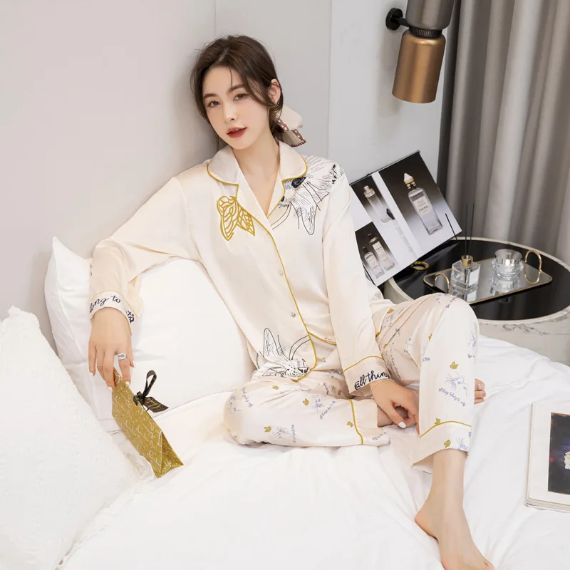 PICKBIRD 2022 Ice silk ladies pajamas spring and autumn sexy long-sleeved cartoon suit summer silk printing net red home service