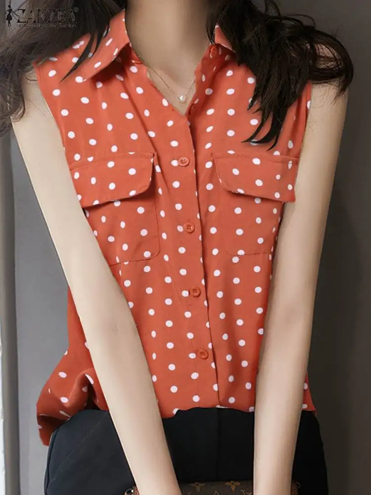 

ZANZEA Casual OL Button Up Shirts Women Sleeveless Korean Fashion Polka Dots Lapel Collar Pockets Chemise Rounded Hem Blouses