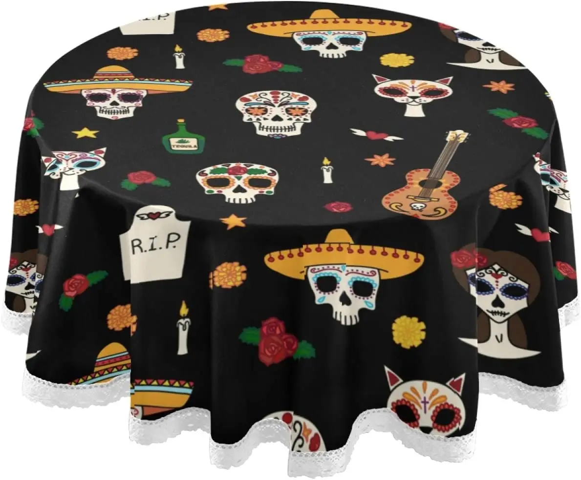 

Sugar Skull Round Tablecloth Waterproof and Stain Resistant Washable Polyester Table Cloth for Home Kitchen Dining Party