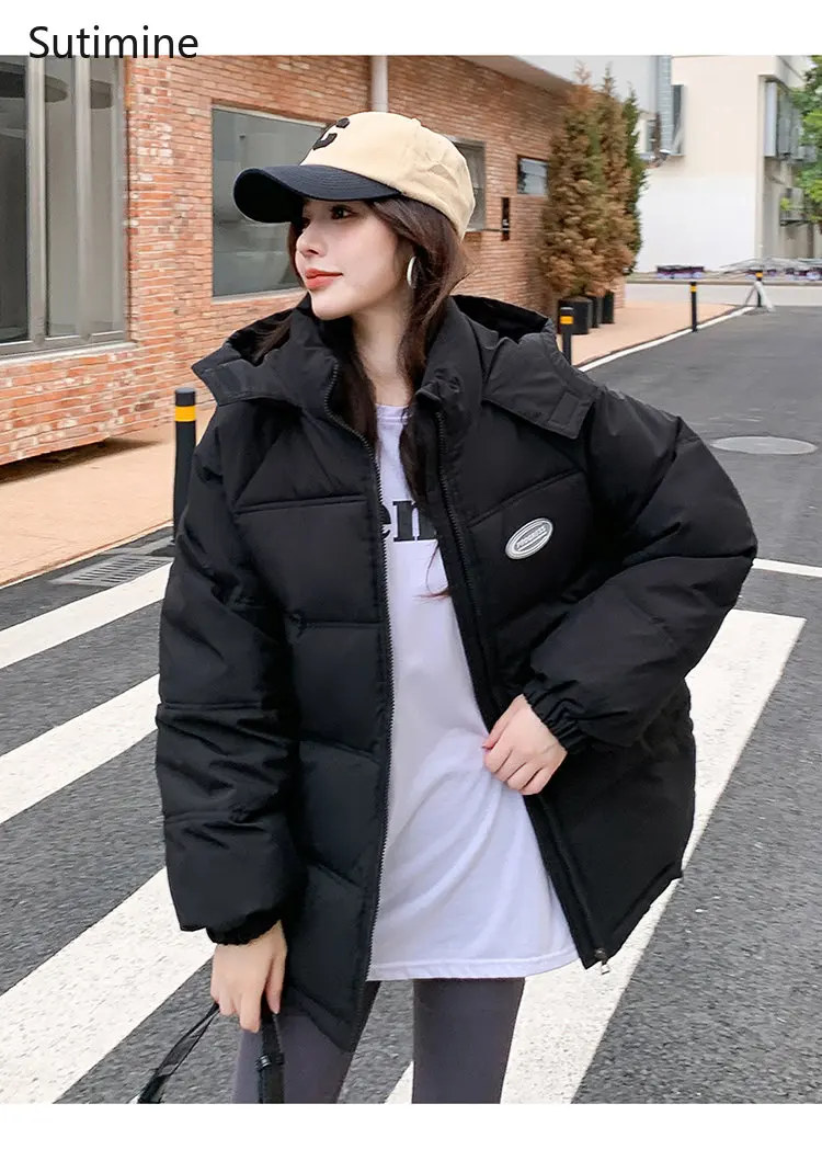 Korean Down Cotton Jacket Women's Thickened Short Loose Coat Office Lady Winter Coat for Women Hooded Winter Clothes Women