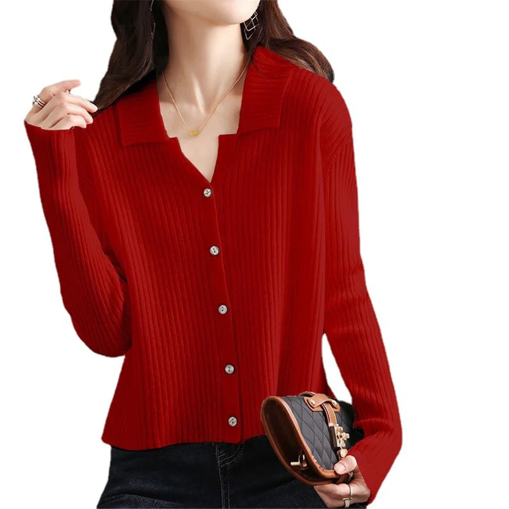 

Autumn New Loose Tops All-match Korean Fashion Basic Casual Fashion Lapel Solid Color Button Cardigan Sweaters Female Clothing