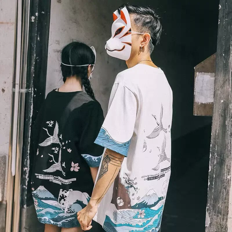 

NEW IN national tide cherry blossom short-sleeved T-shirt men's ins loose trend crane Chinese style couple half sleeve clot