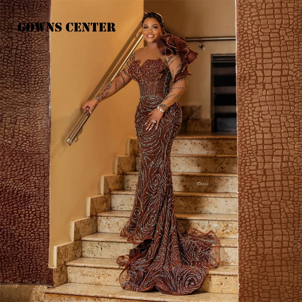 

Shiny Beaded Lace Formal Prom Dresses for African Women Sheer Long Sleeves Brown Mermaid Evening Gown Asobei Wedding Party Dress