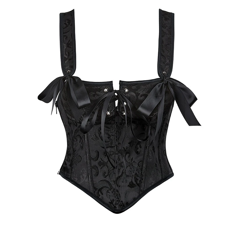 

Women's 12 Plastic Bones Black Gothic Clothes Corset with Front Strap Retro Style Bustier Top with Zipper Steampunk Clothes